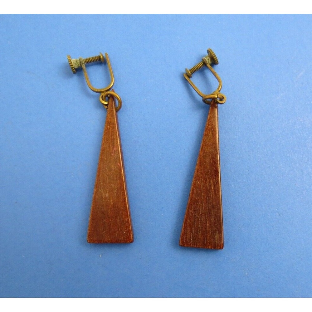 Vintage Brown Wood Triangle Dangle Earrings Geometric Screw Back